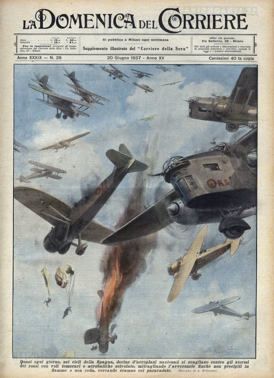 Španělská občanská válka: Letecké střety mezi republikánskými a nacionalistickými letadly nad Španělskem ve válečném stavu. Ilustrace Achille Beltrame v „La domenica del Corriere““ z 20.06.1937. od Achille Beltrame