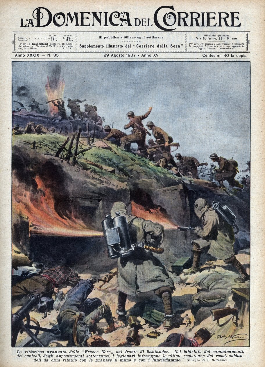 Španělská občanská válka: Předák brigád „Frecce nere“ na frontě Santander. Ilustrace Achille Beltrame z „La domenica del corriere““ z 29.8.1937. od Achille Beltrame