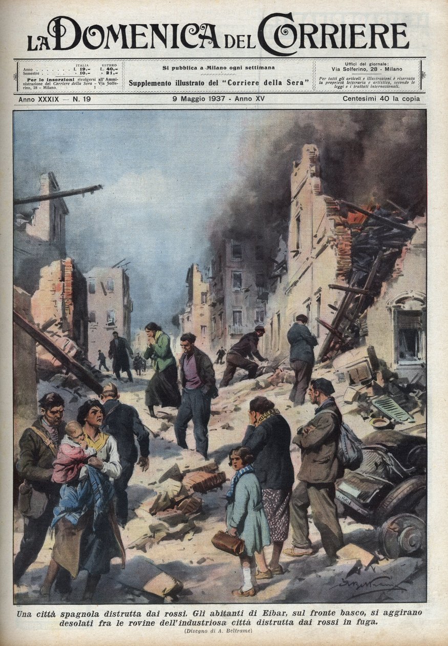 Španělská občanská válka: pohled na ruiny města Eibar v Baskicku zdevastovaném rudou barvou. Ilustrace Achille Beltrame v „La domenica del Corriere““ z 9.5.1937. od Achille Beltrame