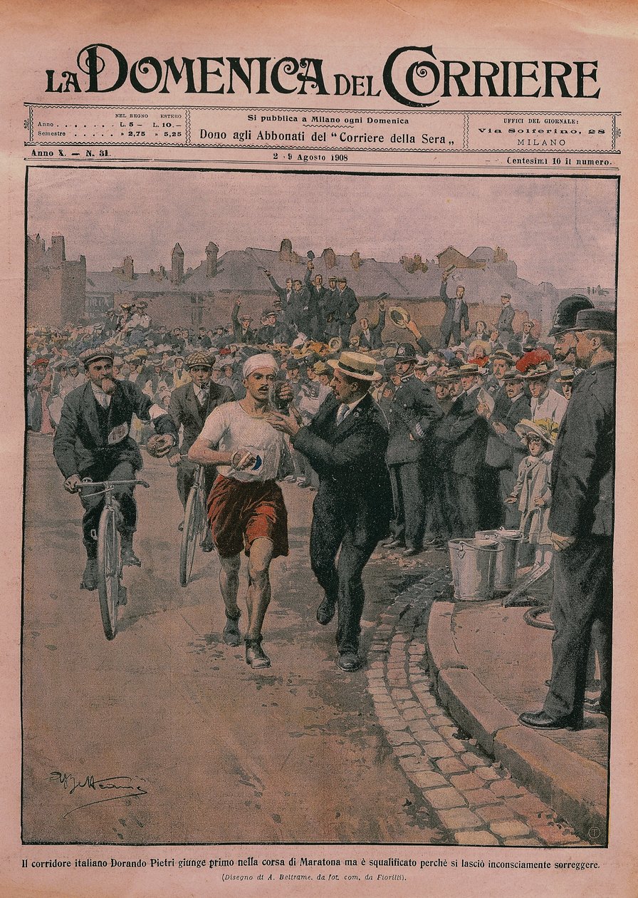 Olympijské hry 1908, obálka listu "La Domenica del Corriere" 1908 (barevná litografie) od Achille Beltrame