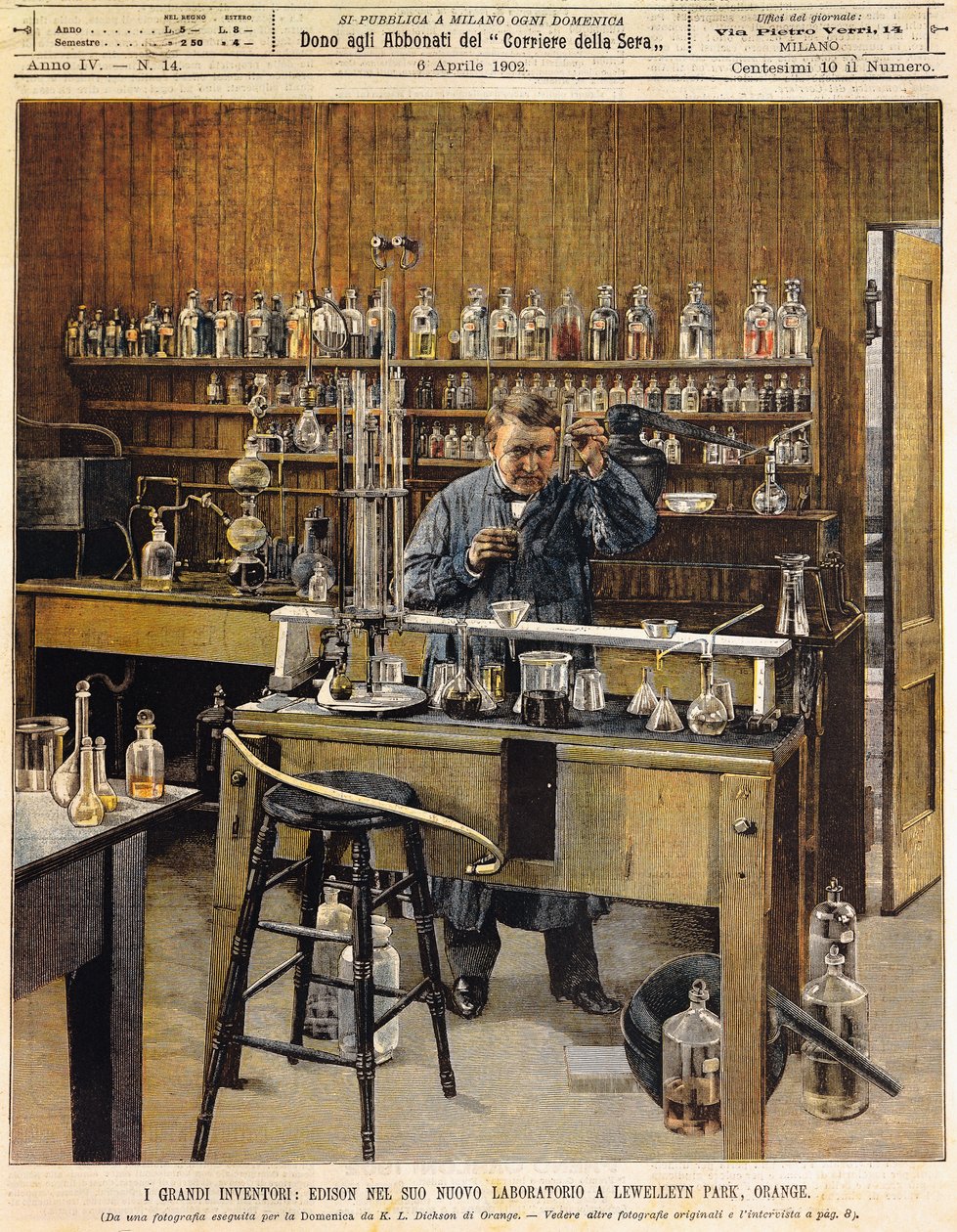 Americký vynálezce Thomas Ava Edison (1847-1931) ve své nové laboratoři v parku Lewellein, Ilustrace Achille Beltrame (1871-1945), La Domenica del Corriere od Achille Beltrame