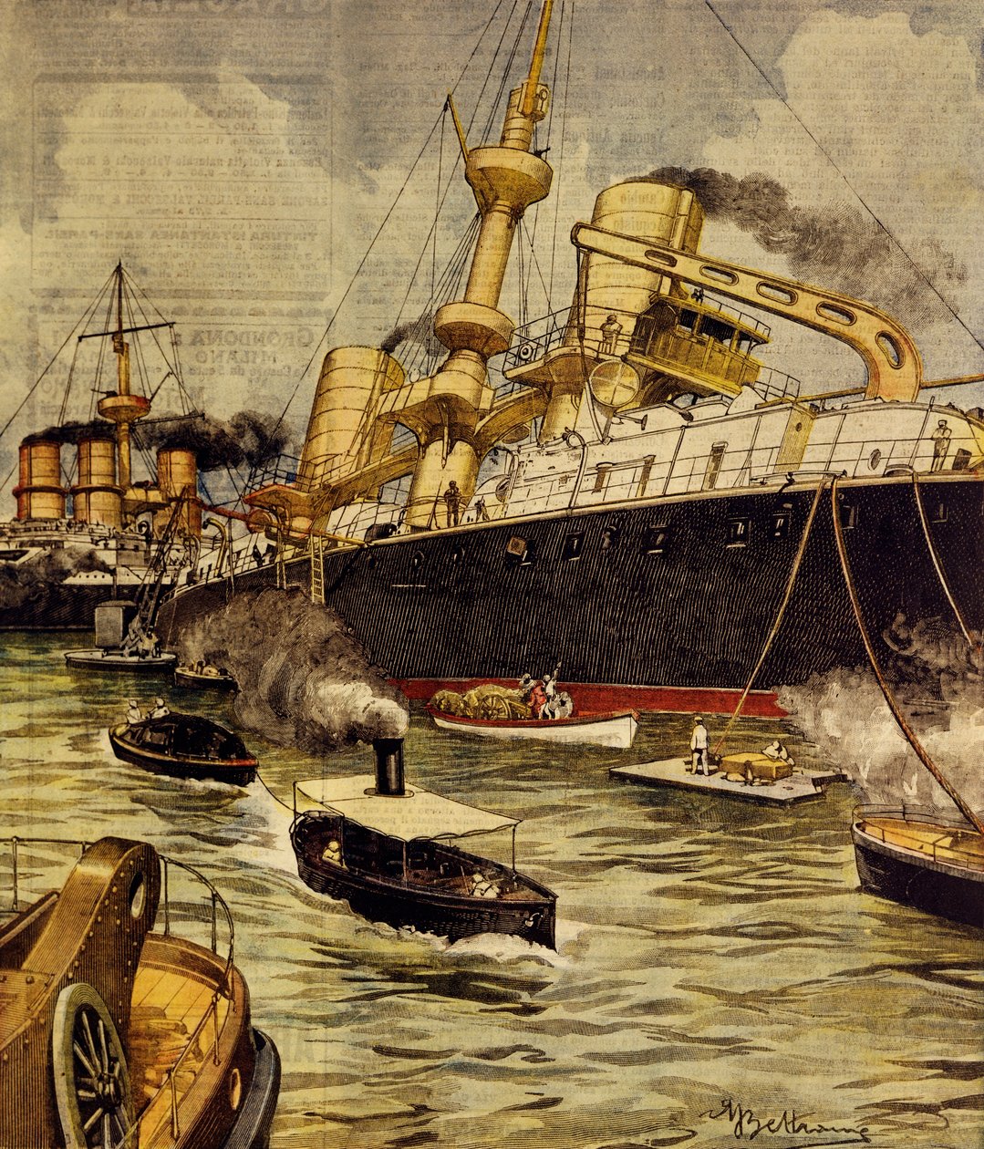 Bitevní loď Andrea Doria najela na mělčinu poblíž Gallipoli, Achille Beltrame (1871-1945), z La Domenica del Corriere od Achille Beltrame