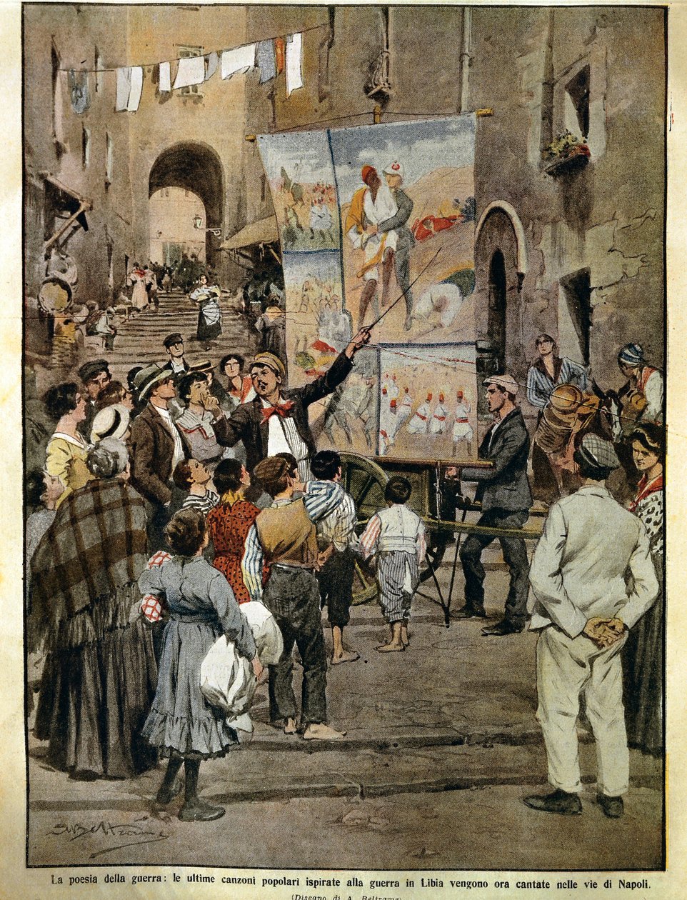 Domenica del Corriere (italské nedělní noviny) z 8. prosince 1910, Lidové písně inspirované válkou v Libyi zpívané v Neapoli zpěváky balad, autor Achille Beltrame, ilustrace od Achille Beltrame