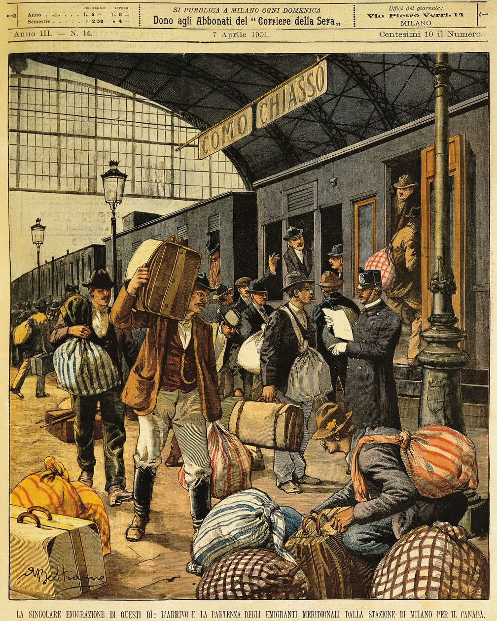 Velká emigrace: příchody a odchody jihoitalských emigrantů do Kanady, Achille Beltrame (1871-1945), z La Domenica del Corriere, 7. dubna 1901 od Achille Beltrame