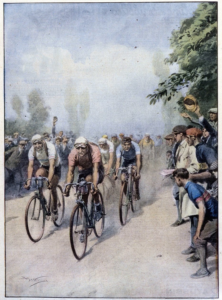 Italské cyklistické turné s Guerrou a Bindou - kresba A. Beltrame, v „La Domenica del Corriere““ z 1. února od Achille Beltrame