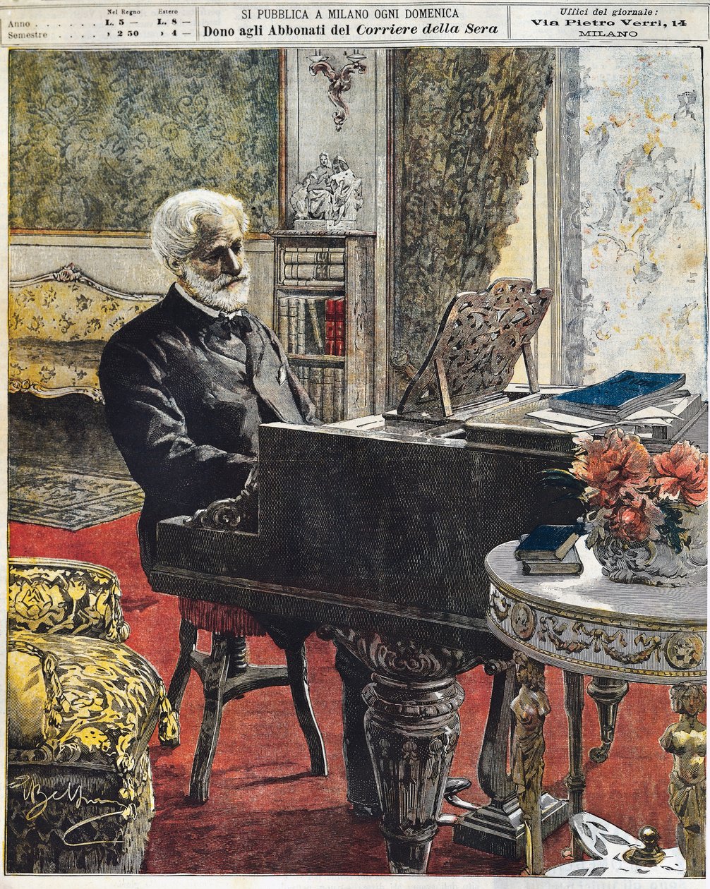 Italský skladatel Giuseppe Verdi ve své studii, deska Achille Beltrame (1871-1945), La Domenica del Corriere, 8. října od Achille Beltrame