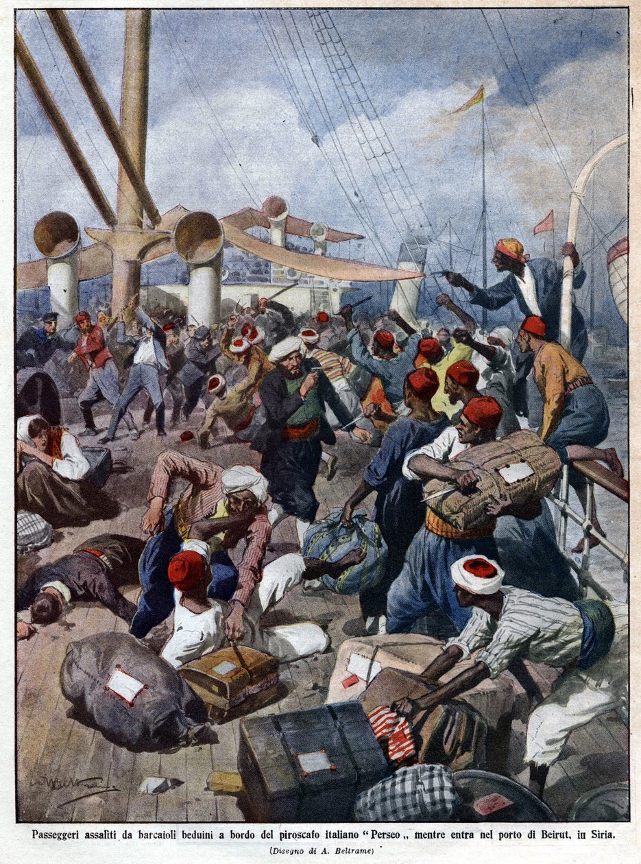 Italský parník „“Perseo““ v době vplutí do přístavu Bejrút v Sýrii je napaden mořskými bandity – v „La Domenica del Corriere““ 07/1913. Ilustrace Beltrame. od Achille Beltrame