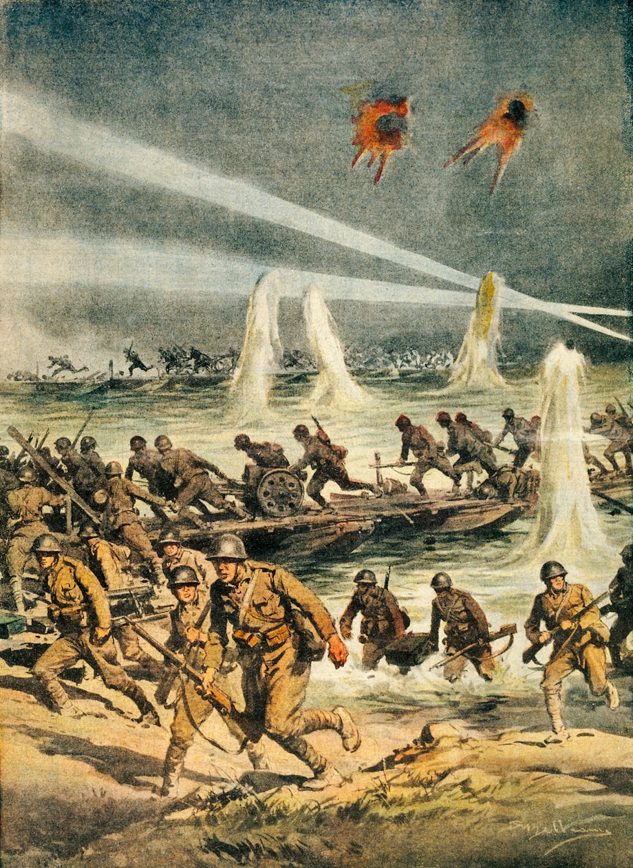 Japonci postupují v Číně během čínsko-japonské války (1937-1945), Achille Beltrame (1871-1945), z La Domenica del Corriere, Čína, 20. od Achille Beltrame