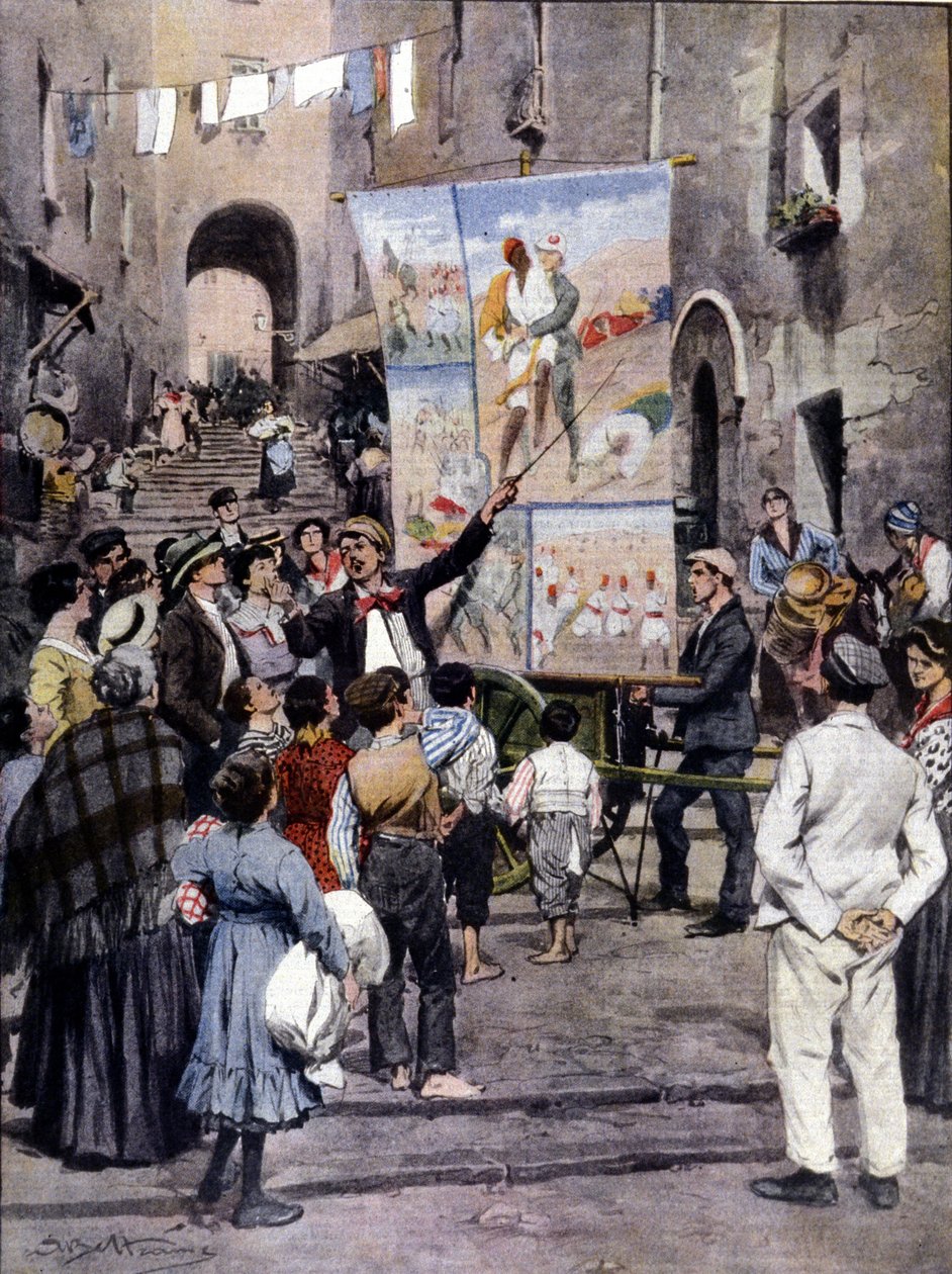 The Poesy of War: Nejnovější populární písně inspirované libyjskou válkou zpívají v ulicích Neapole pouliční umělci. Ill. de Beltrame. La Domenica del Corriere. 1912 od Achille Beltrame