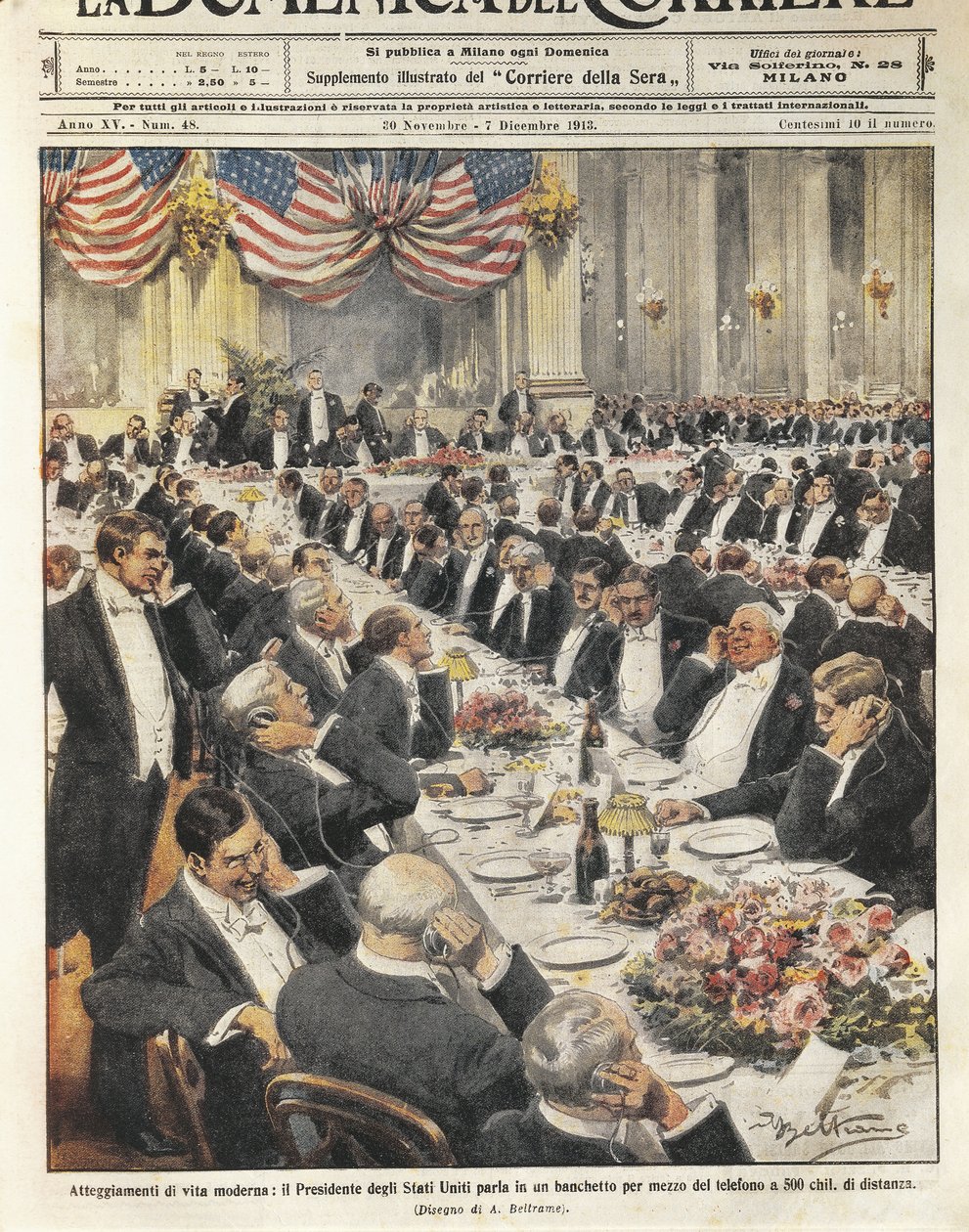 Prezident Spojených států hovoří telefonicky ve vzdálenosti 500 kilometrů. Ilustrace Achille Beltrame v italských novinách 