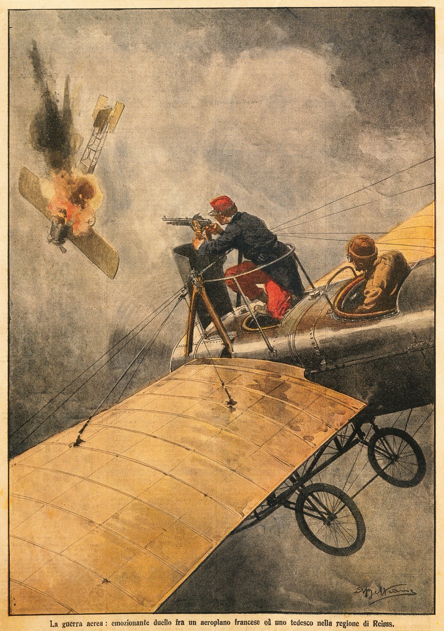 Válka ve vzduchu: Souboj mezi francouzským letadlem a německým na obloze nad Remeší, Achille Beltrame (1871-1945), z La Domenica del Corriere, 25. října 1914 od Achille Beltrame