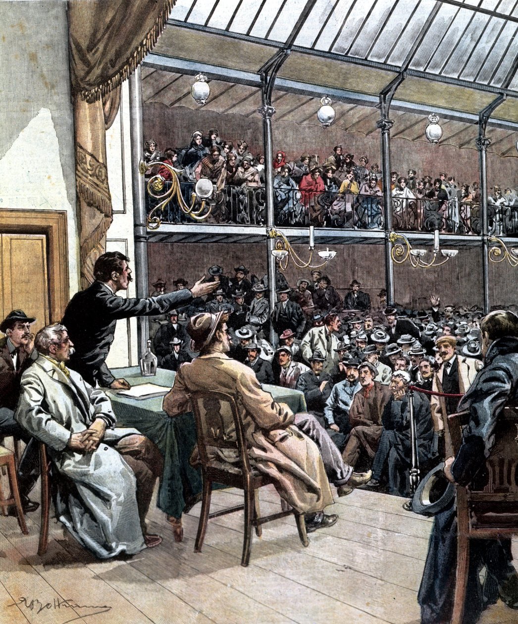 Vznik prvních odborů v Miláně v roce 1901. Ill. de Beltrame. La Domenica del Corriere 