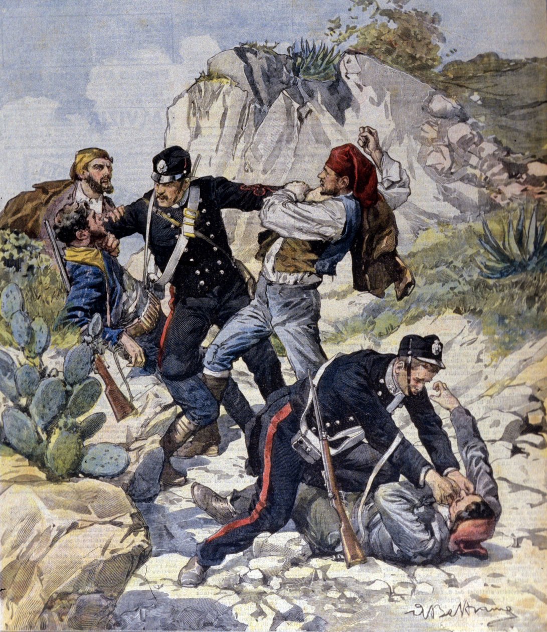 Zatčení tří nebezpečných lupičů poblíž Trapani na Sicílii. Ilustrace Beltrame. La Domenica del Corriere. 23/02/1902. od Achille Beltrame