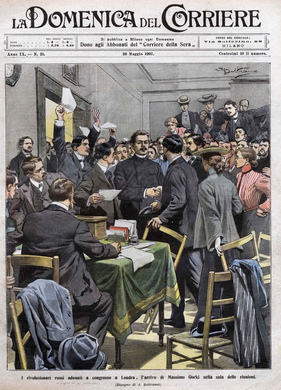 Příjezd Maxima Gorkého do zasedací místnosti na kongresu v Londýně po revoluci v roce 1905 v Rusku. Obálka La Domenica del Corriere z 26.5.1907. od Achille Beltrame