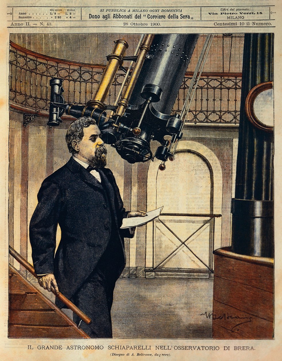 Astronom Schiaparelli (1835-1910) v observatoři Brera, ilustrace Achille Beltrame (1871-1945), z La Domenica del Corriere, 28. října od Achille Beltrame