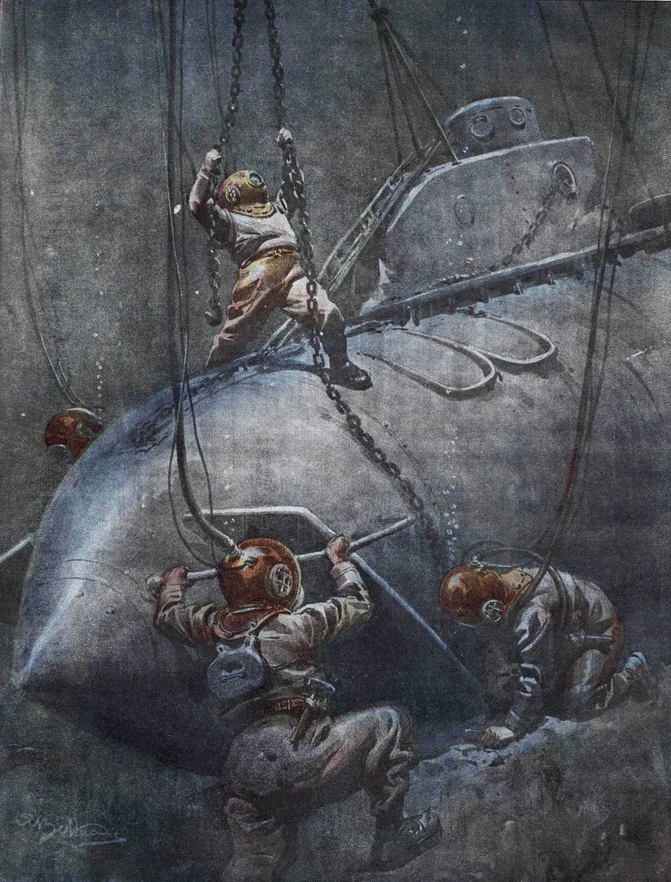Katastrofa francouzské ponorky „Pluviose““ v roce 1910. Lekaři se snaží opravit řetězy, aby ji vytáhli. Ilustrace Achille Beltrame. od Achille Beltrame