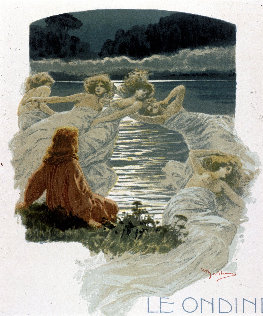 Postavy ondin, mladých vodních nymf germánské mytologie. Ilustrace A. Beltrame. od Achille Beltrame