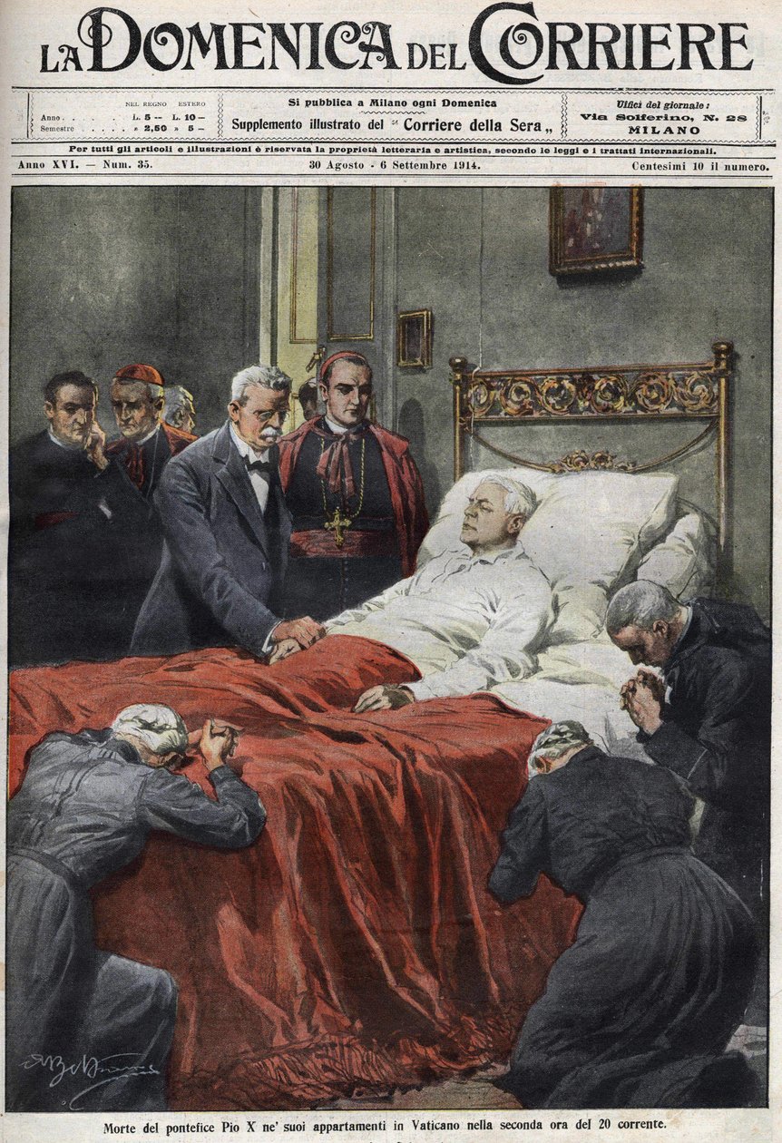 Smrt papeže Pia X. v roce 1914. Obálka domenica del Corriere z 30. srpna od Achille Beltrame