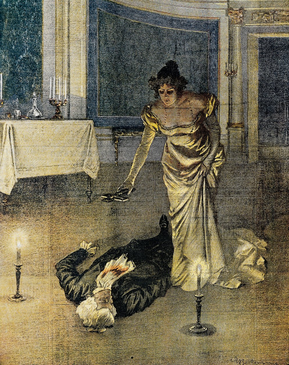 Smrt Scarpia na konci II. aktu Toscy od Giacoma Pucciniho, deska od Achille Beltrame (1871-1945), La Domenica del Corriere, 4. února od Achille Beltrame