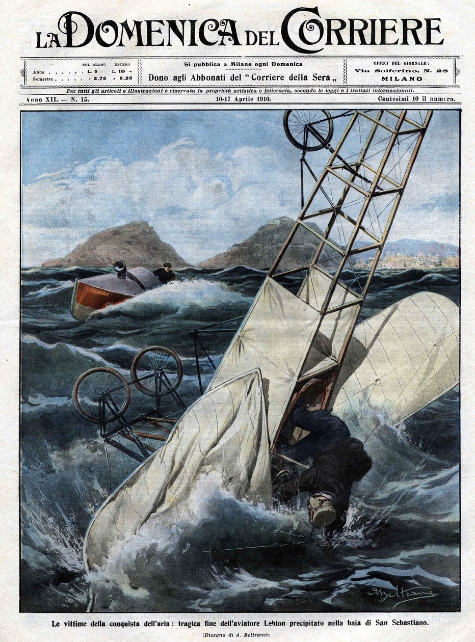 Drama vzduchu: tragický konec letce Leblona se řítil do zátoky San Sebastian. Ilustrace Beltrame. La Domenica del Corriere. 10-17/04/1910. od Achille Beltrame