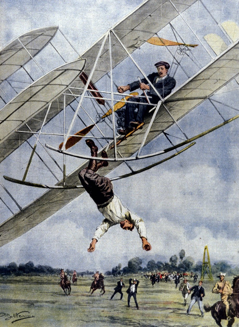 Dramata vzduchu: Orville Wright a americký poručík Selfridge se řítí se svým letadlem z výšky třiceti metrů. Ilustrace Beltrame. La Domenica del Corriere. 1908. od Achille Beltrame