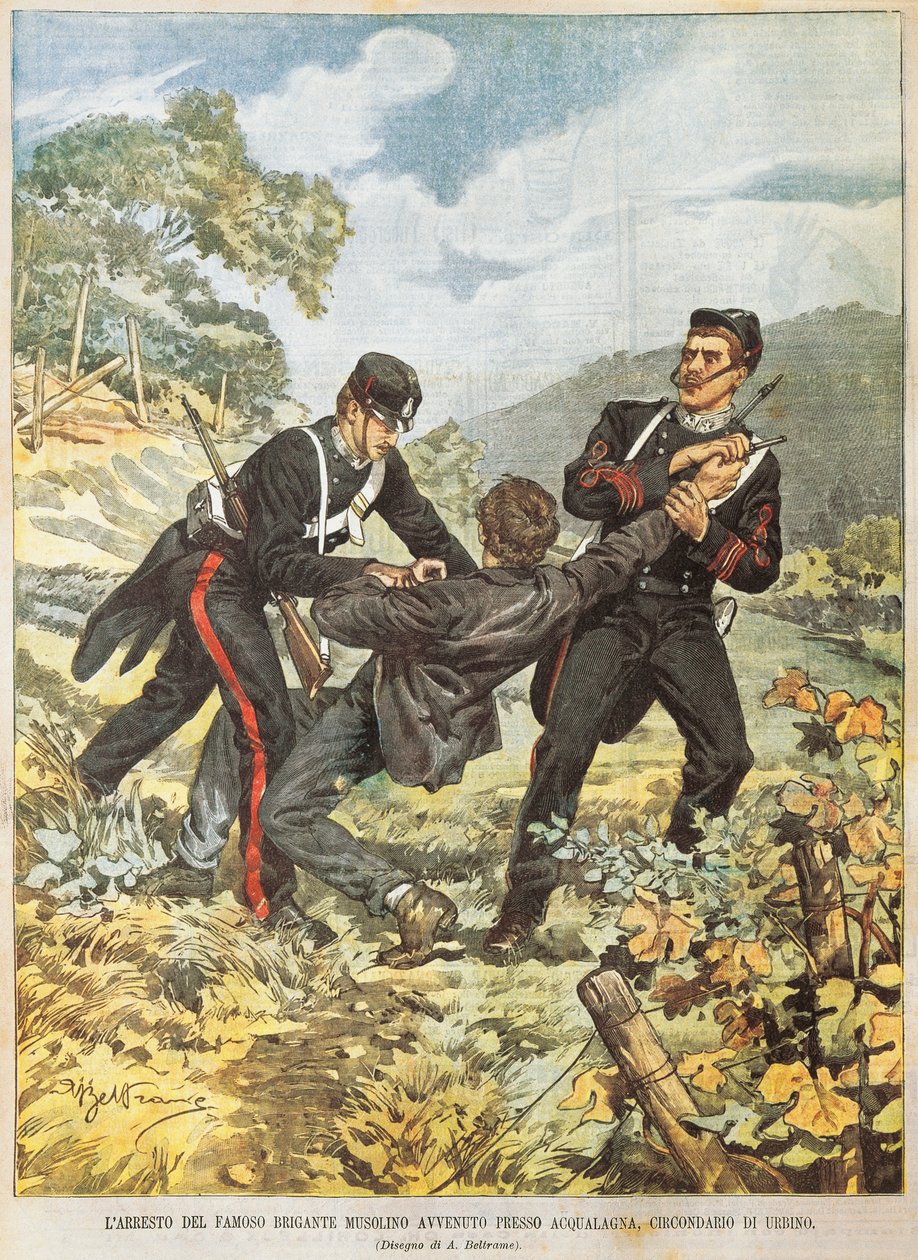 Slavný lupič Musolino byl zatčen poblíž Acqualagna v okrese Urbino, Achille Beltrame (1871-1945), z La Domenica del Corriere, 27. října 1901 od Achille Beltrame