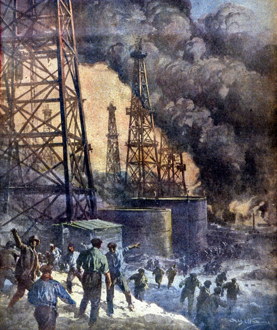 Peklo ohně a plamenů. Požár ropného vrtu Signal Hill v Kalifornii. Ill. od W. Beltrame. "La Domenica del corriere", 28.12.1924. od Achille Beltrame