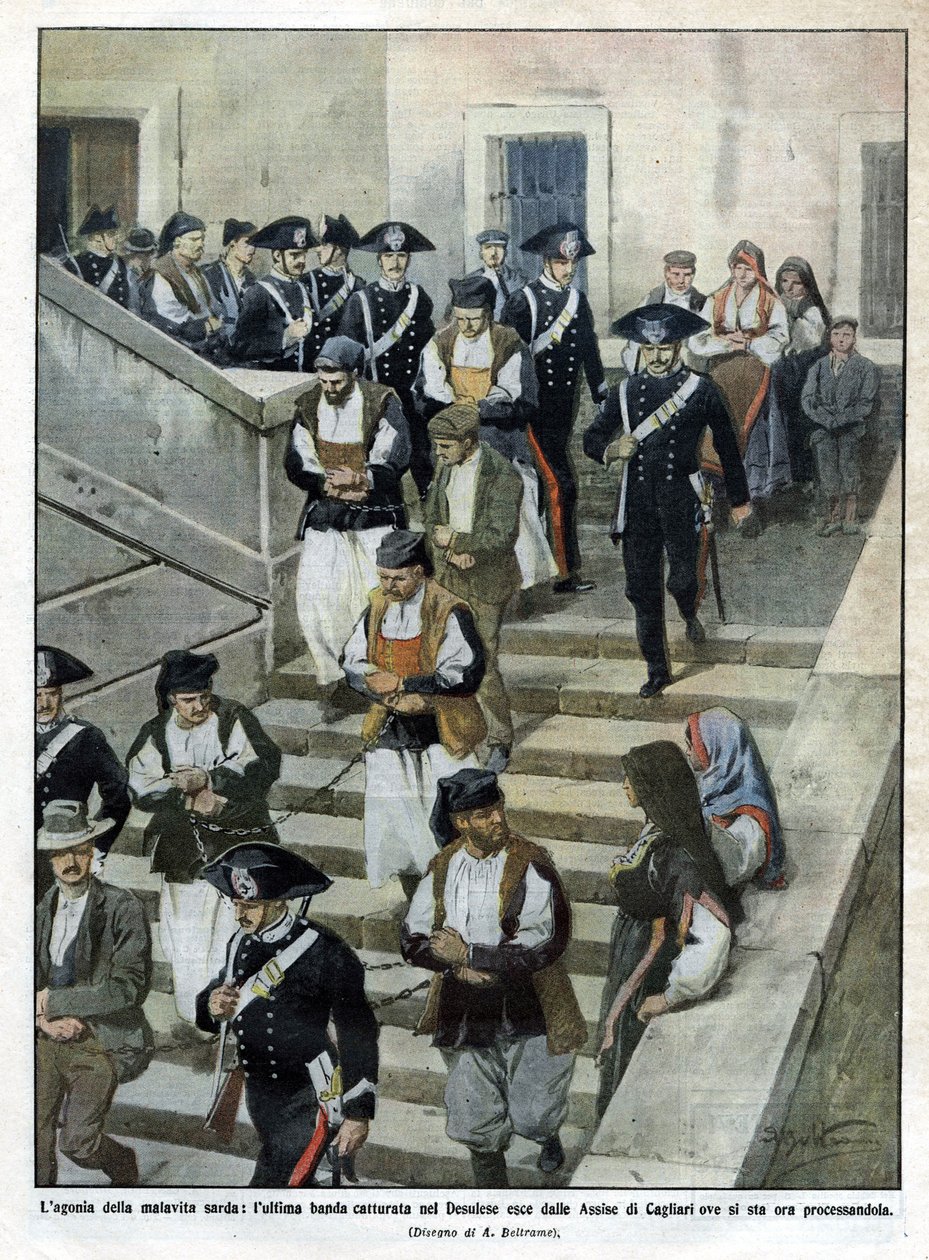 Poslední gang sardinských malfratů, když opouštějí porotní soud v Cagliari, kde se soud koná. Ilustrace Beltrame. La Domenica del Corriere. 07/1913. od Achille Beltrame