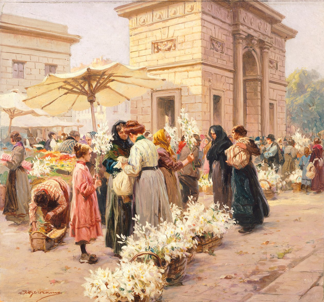 Liliový trh na milánské Porta Garibaldi, Achille Beltrame (1871-1945), z La Domenica del Corriere, Itálie 20. století od Achille Beltrame