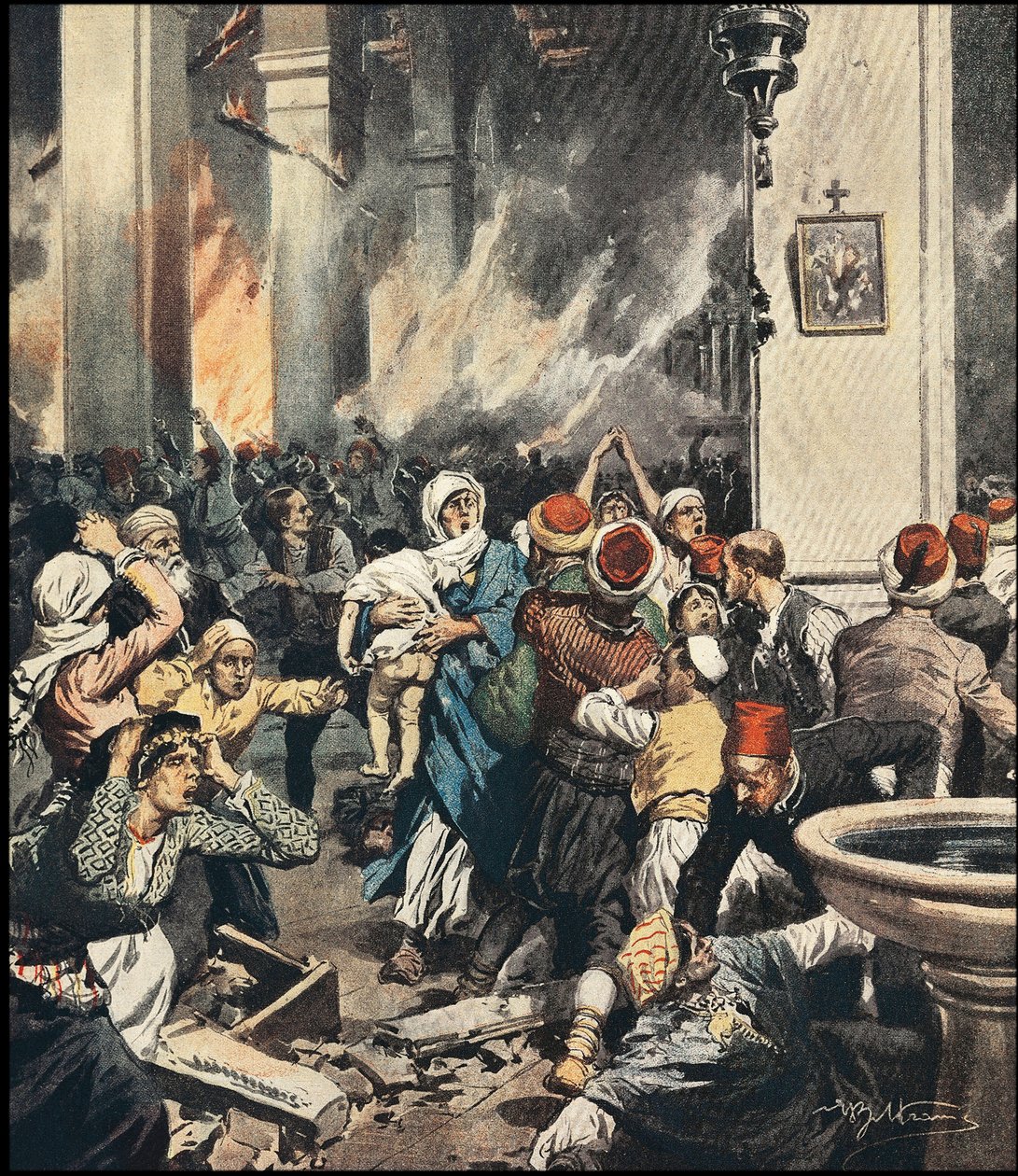 Masakry Arménů v Turecku v roce 1909 v Adaně, ilustrace Achilles Beltrame (1871-1945) v „La Domenica del Corriere““ z května 1909 od Achille Beltrame