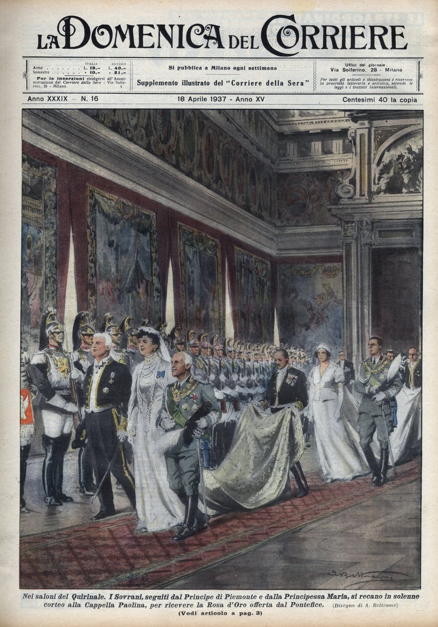 Královský pár, Victor Emmanuel III (Victor-Emmanuel) (Vittorio Emanuele III) (1869-1947) a jeho manželka Helene z Černé Hory, následovaný princem Humbertem (Umberto) II a Mary Jose (Marie-Jose z Belgie, Maria Jose Savojská ) jděte do kaple Paolina (Paol od Achille Beltrame