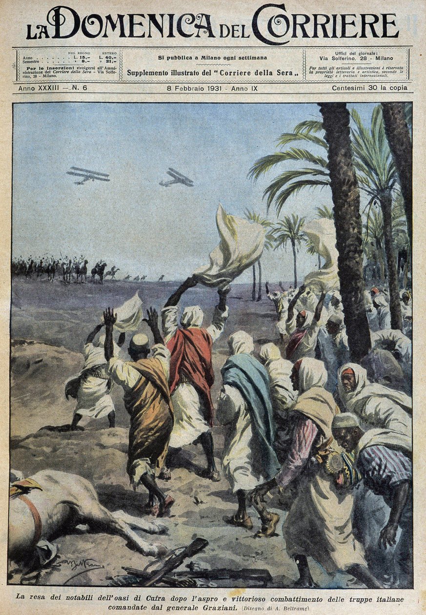 Vzdání se významných osobností oázy Koufra (Qufra nebo Cufra, libyjská Sahara) po těžké a vítězné bitvě italských jednotek, kterým velel generál Graziani - dess. de A. Beltrame v “”la Domenica del Corriere”” z 8.2.1931 od Achille Beltrame