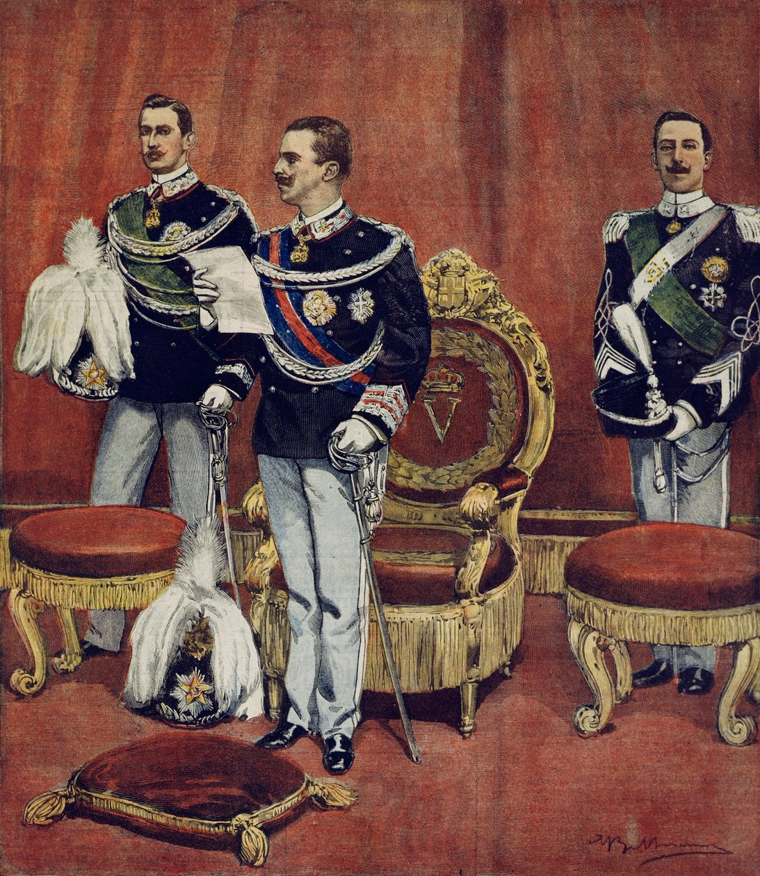 Přísaha krále Vittoria Emanuela III v senátu v Římě, Achille Beltrame (1871-1945), z La Domenica del Corriere od Achille Beltrame