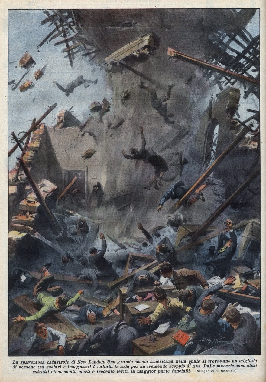 Tragédie školní exploze v New London, Texas, způsobená únikem plynu 18. března. Ilustrace Achille Beltrame v „La domenica del Corriere““ ze 4. dubna 1937. od Achille Beltrame