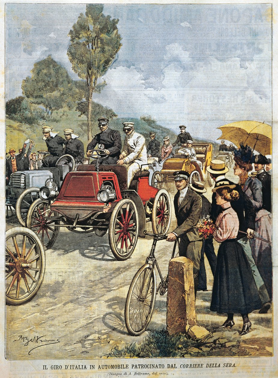 Cesta po Itálii autem, sponzorováno Corriere della Sera, ilustrace Achille Beltrame z La Domenica del Corriere, 19. května od Achille Beltrame