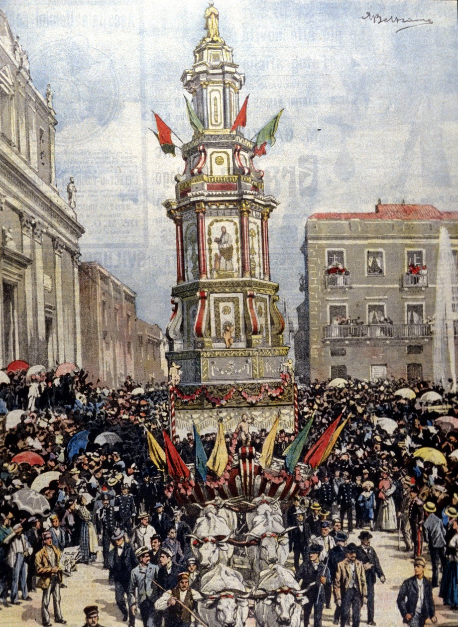 Tradiční sicilský festival: tank vedl v průvodu do Casteltermini (Girgenti). Nemocný. de Beltrame. Neděle kurýra. 1904. od Achille Beltrame