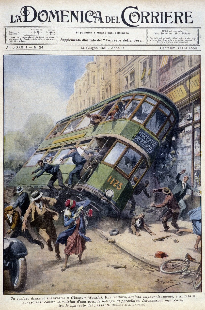 Nehoda tramvaje ve skotském Glasgow: jeden z vozů se vysypal na porcelánovou vitrínu a na kolemjdoucí - kresba A. Beltrame, v „La Domenica del Corriere““ z 1. února 1931. od Achille Beltrame