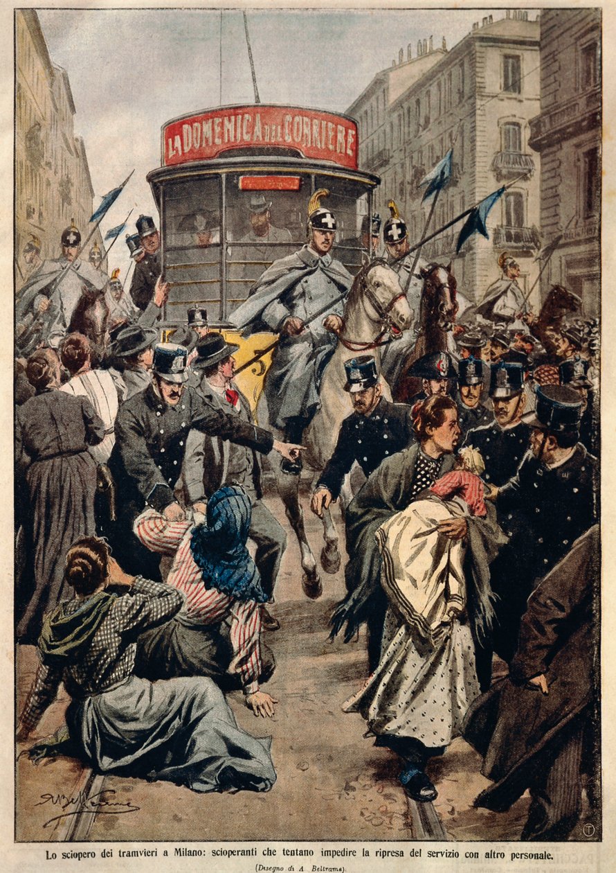 Tramvajová stávka v Miláně, Achille Beltrame, ilustrace, Ilustrátor Achille Beltrame (1871-1945), z La Domenica del Corriere od Achille Beltrame