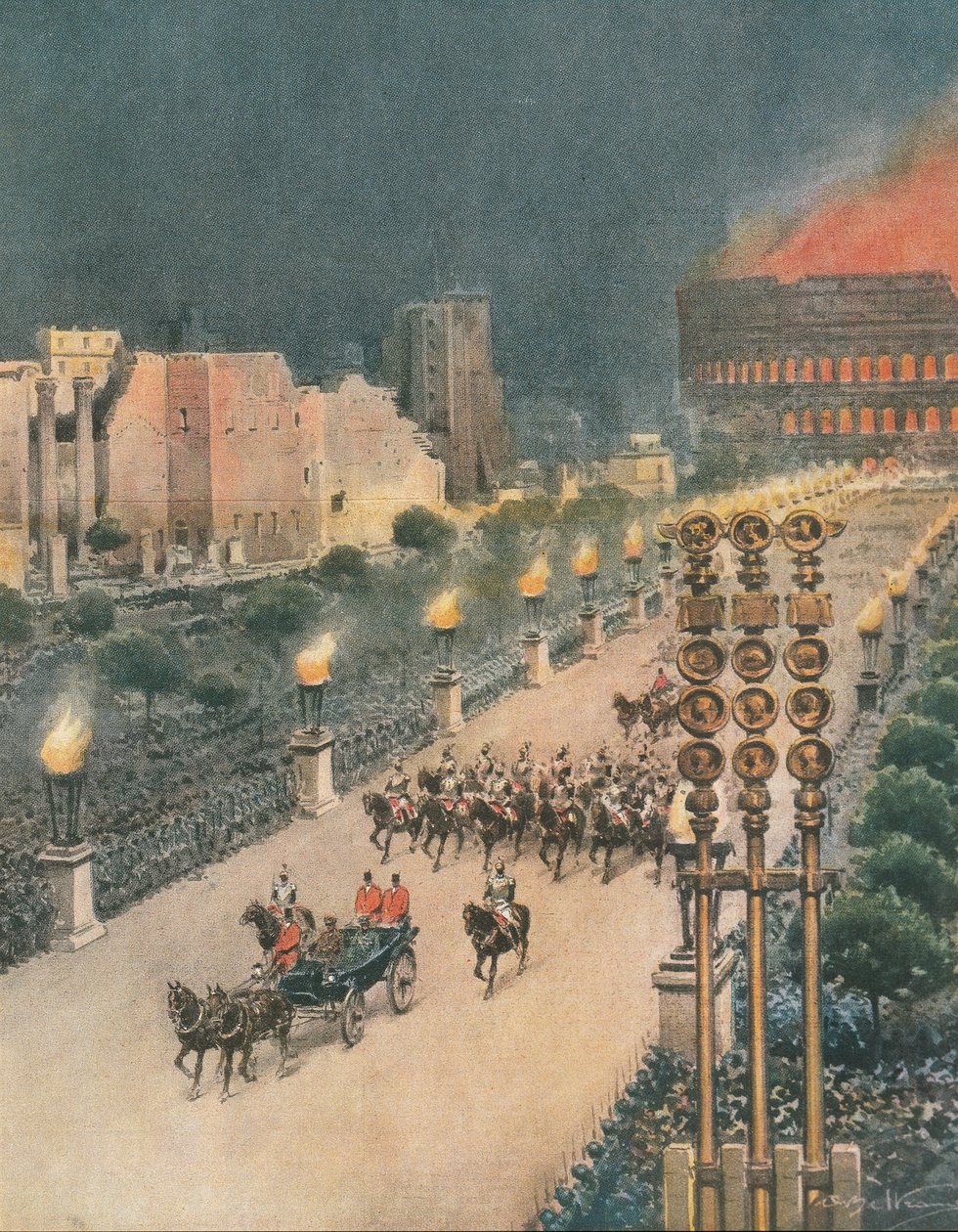 Triumfální vstup Adolfa Hitlera do Říma, ilustrace z „Nedělního kurýra“ od Achille Beltrame