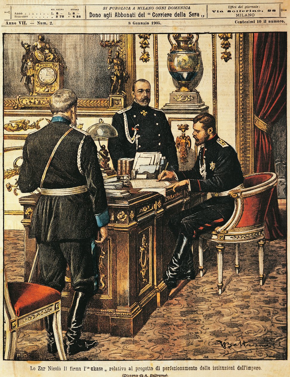 Car Nicholas II podepisuje projekt institucionálních reforem, Achille Beltrame (1871-1945), z La Domenica del Corriere, 8. ledna 1905 od Achille Beltrame