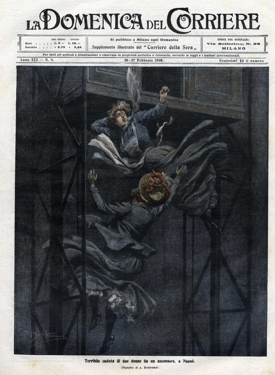 V roce 1910 vypadly dvě ženy z výtahu v Neapoli. od Achille Beltrame