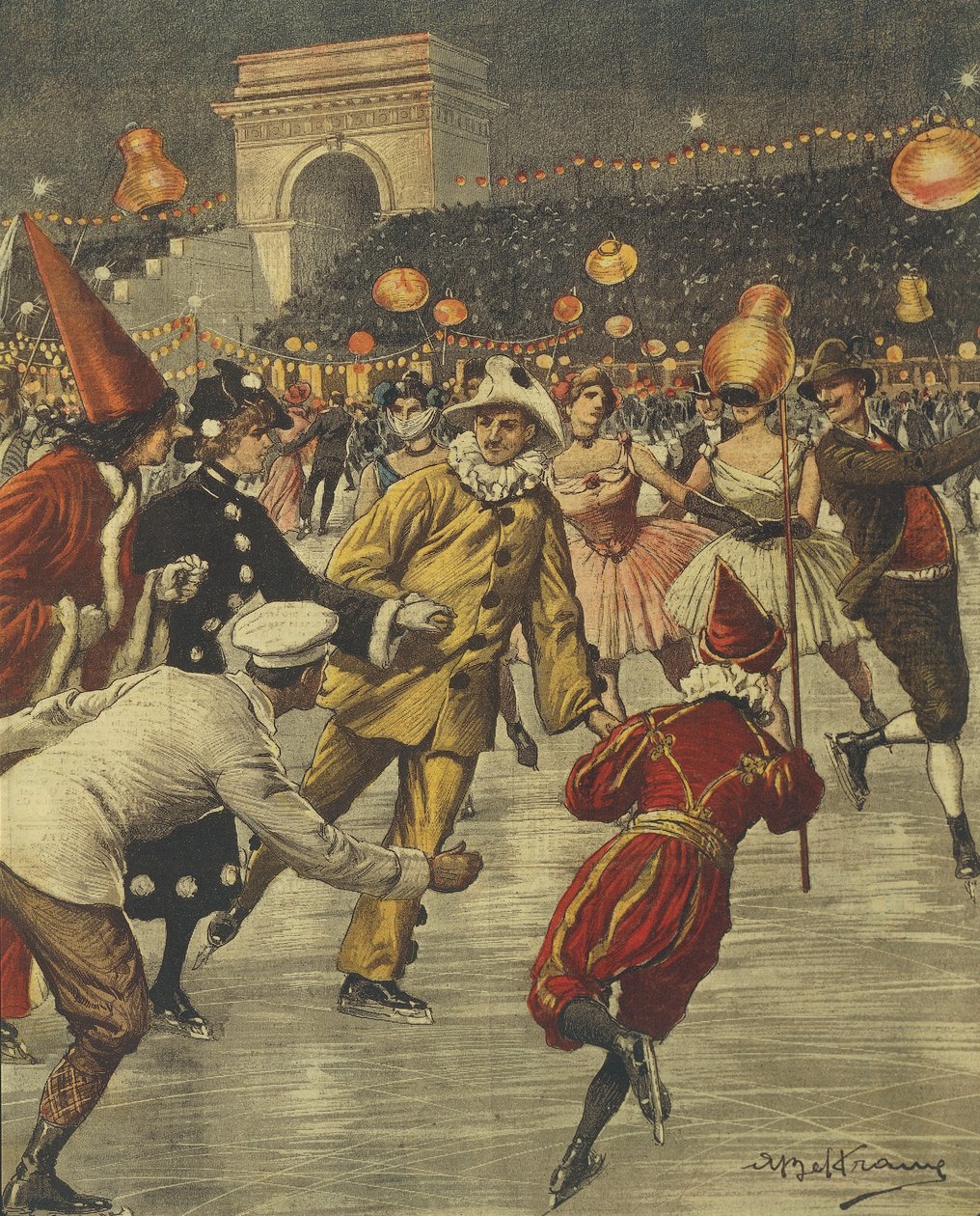 Typická kostýmní párty na ledě v Arena v Miláně, Achille Beltrame, Ilustration, Illustrator Achille Beltrame (1871-1945), z La Domenica del Corriere od Achille Beltrame