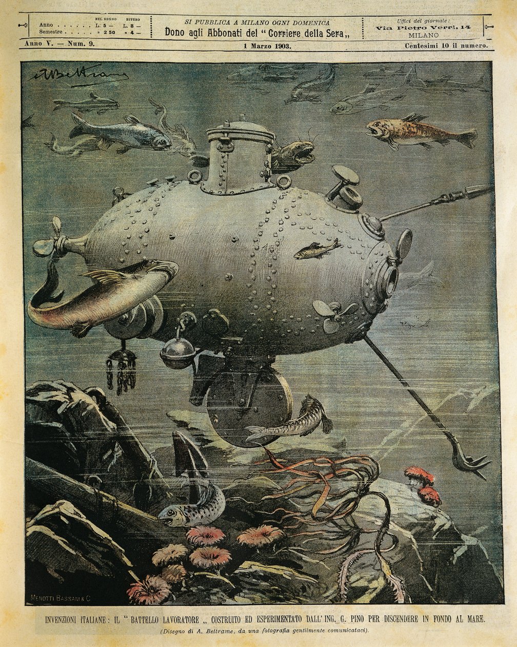 Podvodní námořní plavidlo pro průzkum mořského dna, ilustrace Achille Beltrame (1871-1945), z La Domenica del Corriere, 1. března od Achille Beltrame