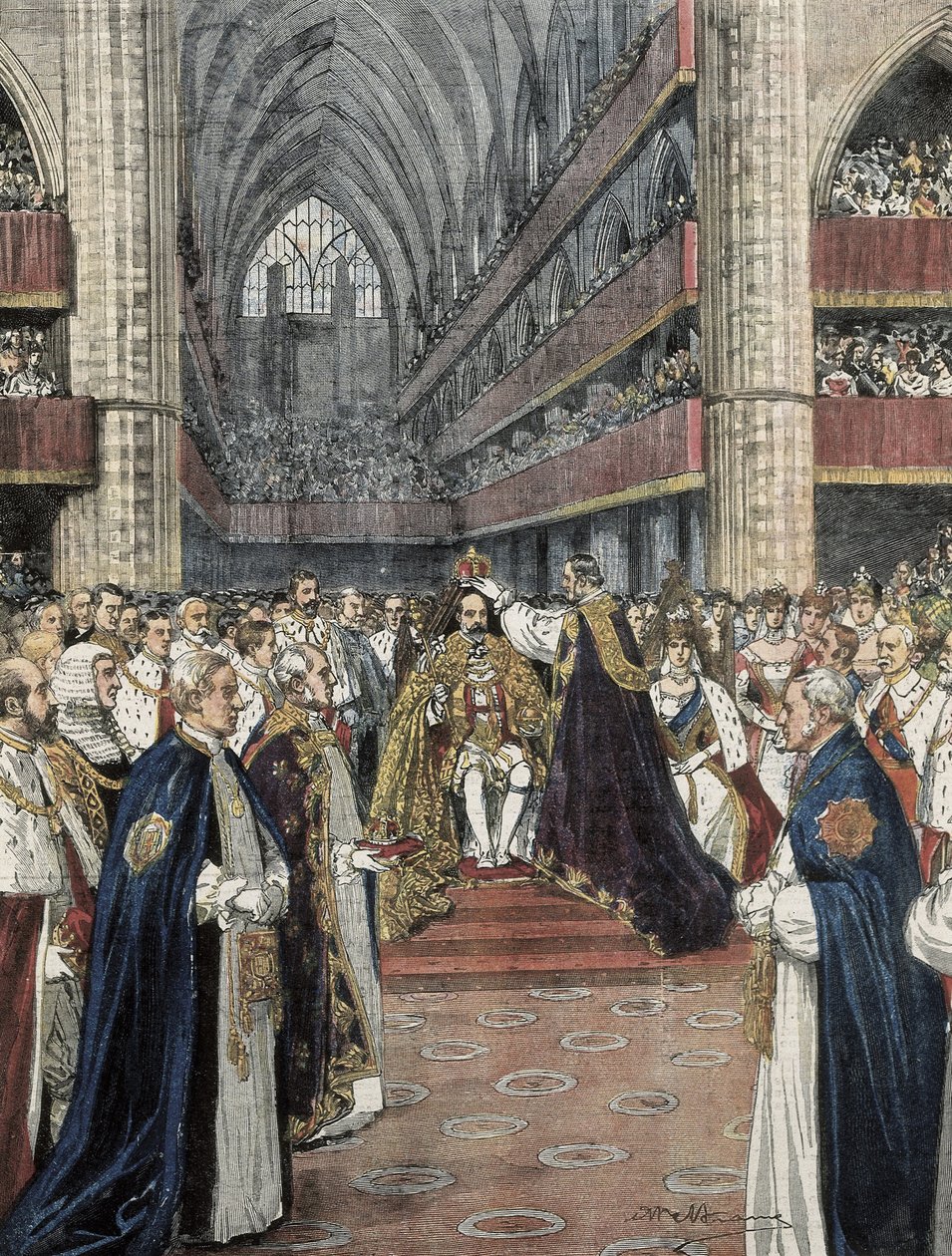 Spojené království (1901). Korunovace Edwarda VII ve Westminsterském opatství. Ilustrace Achille Beltrame vydaná v Domenica del Corriere. Rytina. od Achille Beltrame