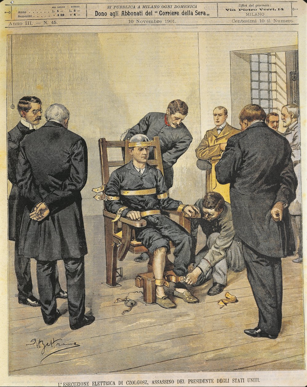 Spojené státy americké, 20. století, poprava Czolgosze, vraha prezidenta Spojených států McKinleyho na elektrickém křesle, 29. října 1901 (předloha z obálky časopisu) od Achille Beltrame