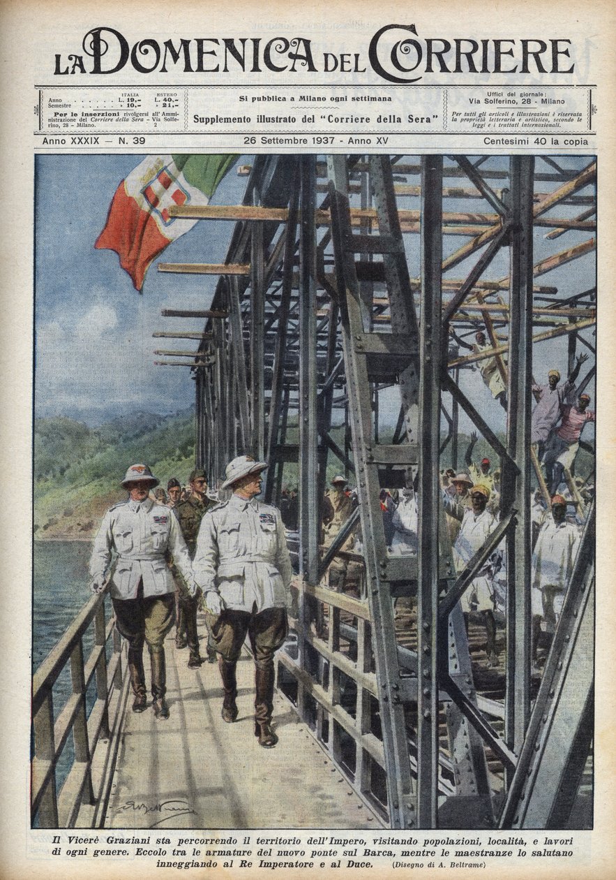 Vicekrál Etiopie Rodolfo Graziani, překračující habešské území. Ilustrace Achille Beltrame z „La Domenica del Corriere“ z 26. září 1937. od Achille Beltrame