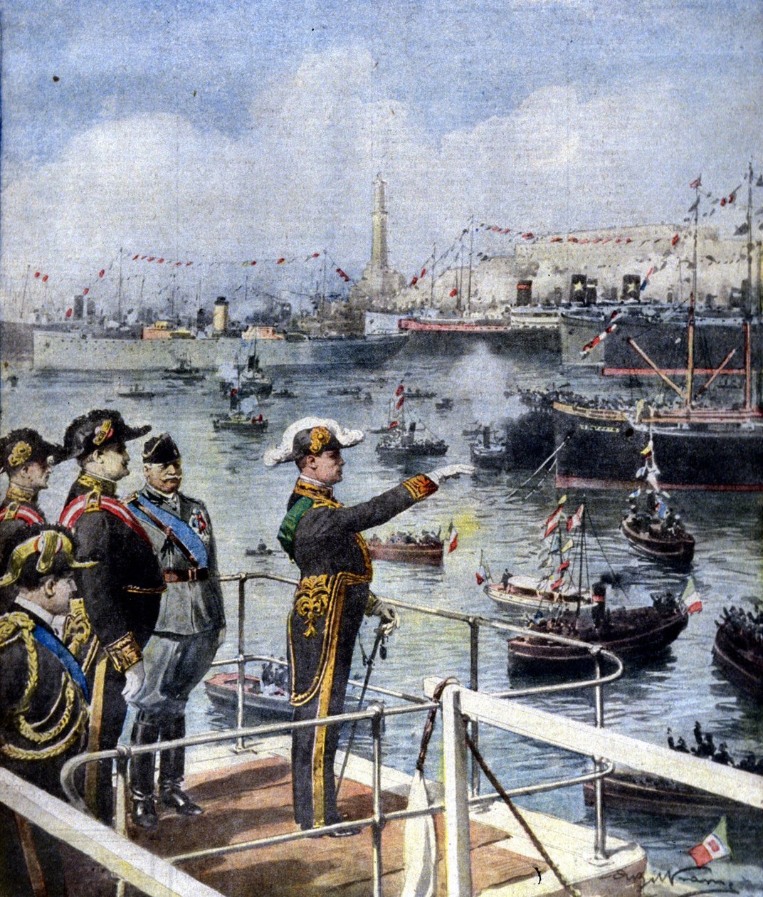 Návštěva Benita Mussoliniho v Janově. Duce vítá město z mostu Esperia. Nemocný. de Beltrame. Neděle kurýra, 6.6.1926. od Achille Beltrame