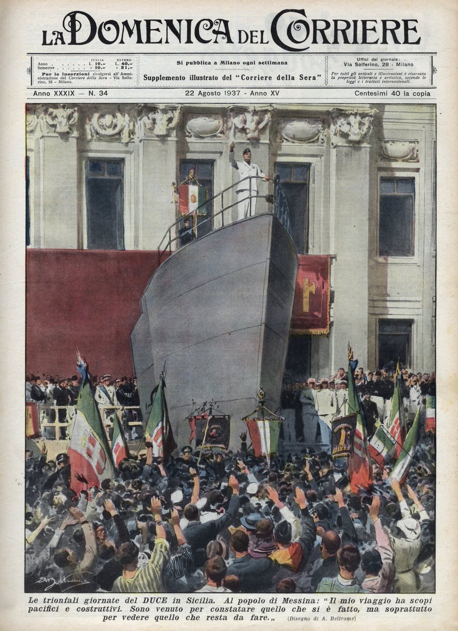 Návštěva vévody Benita Mussoliniho v Messině během cesty na Sicílii. Ilustrace Achille Beltrame z „La domenica del corriere““ z 22.8.1937. od Achille Beltrame
