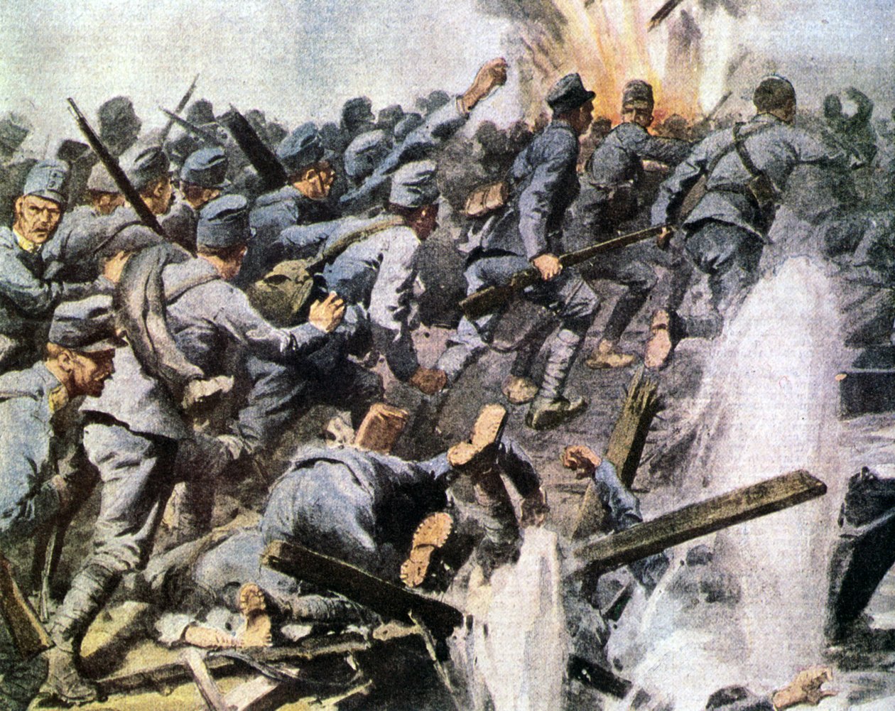 Ofenzíva Vittoria Veneta: rakouský ústup na ilustraci La Domenica del Corriere „Hora přišla hrát píšťaly vraťte se domů hra, Tragický ústup na Piavě“ (litografie) od Achille Beltrame