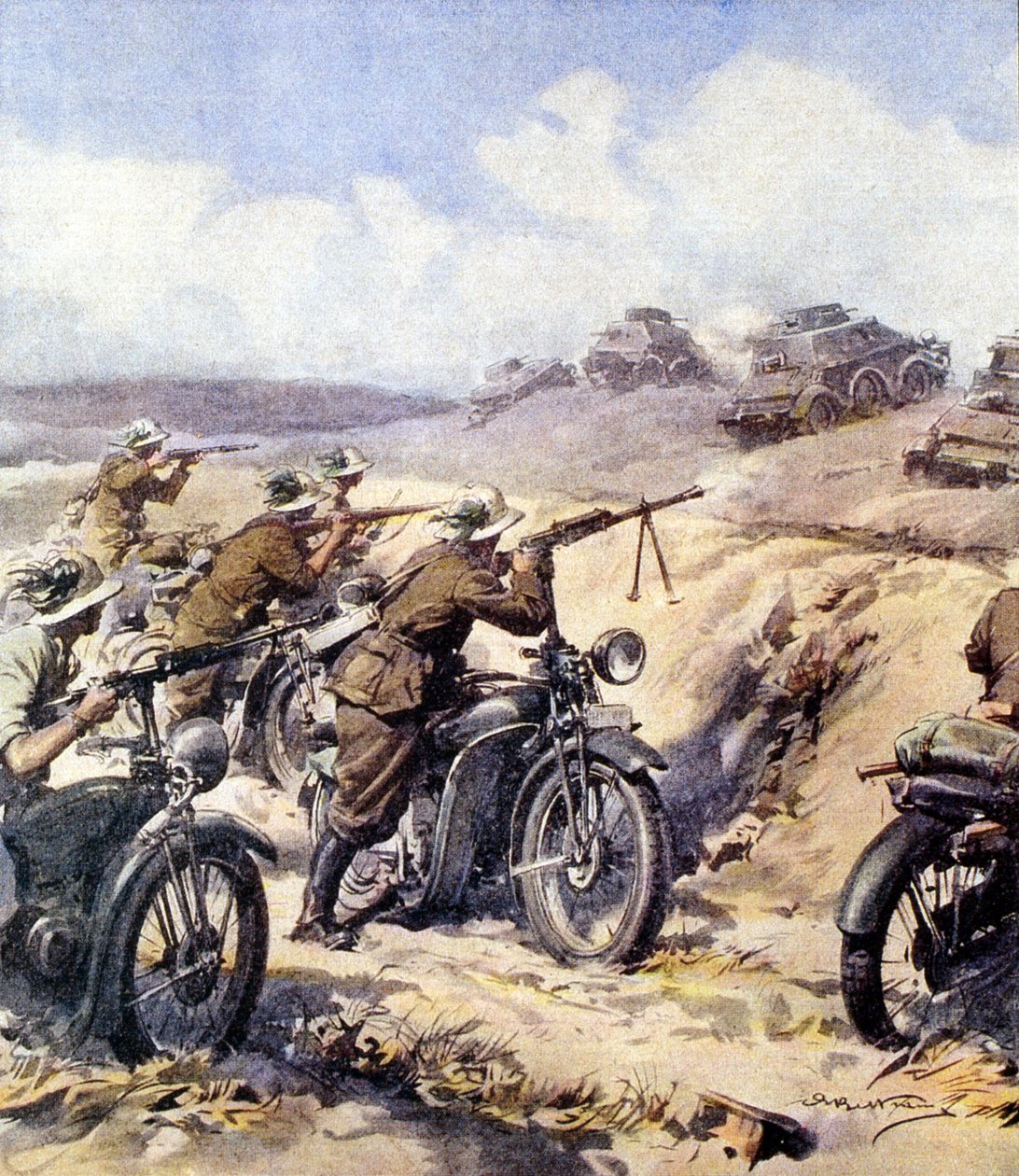 WWII-1940 1941-Kampaň v severní Africe – „Střet mezi Bersaglieri a britskými obrněnými jednotkami v Cyrenaice“ z La Domenica del Corriere del 28. července 1940, ilustrace A. od Achille Beltrame